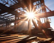 A high-angle shot of a crane lifting a load of steel beams the crane is in the foreground, industrial machinery stock images ai, midjourney prompt ideas