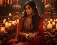 A lady sits down near lights to light lamps for a ceremony, diwali festival stock image, diwali festival ai prompt