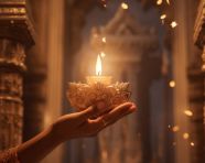 A person holds a lit finger palm with a candle, diwali festival stock image, diwali festival ai prompt