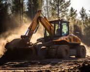 A wide shot of a bulldozer pushing a pile of dirt the bulldozer is in the foreground, industrial machinery stock images ai, midjourney prompt ideas