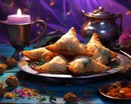 Samosa curry stuffed with methi, diwali festival stock image, diwali festival ai prompt