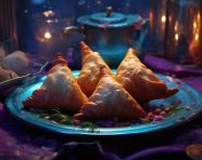 Samosa curry stuffed with methi leaves, diwali festival stock image, diwali festival ai prompt