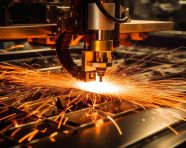 A close-up of a laser cutting through a piece of metal with the sparks flying off in a dramatic fashion, industrial machinery stock images ai, midjourney prompt ideas