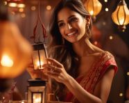A woman holding a diwali lantern, diwali festival stock image, diwali festival ai prompt
