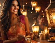 Family celebrating diwali with lanterns, diwali festival stock image, diwali festival ai prompt