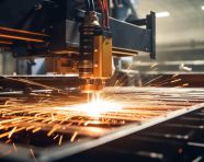 Laser cutting metal with ignited sparks, industrial machinery stock images ai, midjourney prompt ideas