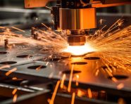 Laser cutting creates sparks in metal, industrial machinery stock images ai, midjourney prompt ideas
