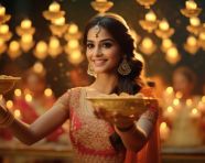 An indian woman holding up diyas, diwali festival stock image, diwali festival ai prompt