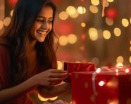 A beautiful young woman smiling and looking at her gift box, diwali festival stock image, diwali festival ai prompt