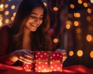 Smiling woman holding gift box, diwali festival stock image, diwali festival ai prompt