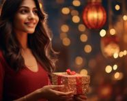 A woman holds up a gift box with lights, diwali festival stock image, diwali festival ai prompt