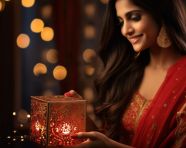 Gift box with lights in womans hands, diwali festival stock image, diwali festival ai prompt