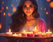 A woman holding candle on a plate and lights around, diwali festival stock image, diwali festival ai prompt