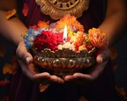 Hands holding a candle and flowers lit with adornments, diwali festival stock image, diwali festival ai prompt