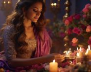 A woman uses a candle and flower arrangement to celebrate diwali, diwali festival stock image, diwali festival ai prompt