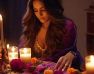 Woman uses candle and flowers to celebrate diwali, diwali festival stock image, diwali festival ai prompt