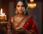 A lady dressed up in a red sari holding a lit lamp, diwali festival stock image, diwali festival ai prompt