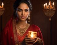 Red sari and lit lamp, diwali festival stock image, diwali festival ai prompt