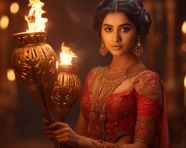 A young lady holding a torch in front of a lamp, diwali festival stock image, diwali festival ai prompt