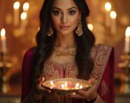 An indian bride holding a gold diwali diya, diwali festival stock image, diwali festival ai prompt