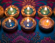Diwali lights with candles sat on a red pattern, diwali festival stock image, diwali festival ai prompt