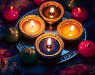 Red pattern with diwali lights and candles, diwali festival stock image, diwali festival ai prompt