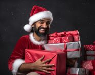 Photo showing girl wearing santa hat and holding gift box, christmas stock image ai, christmas stock photos ai