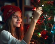 A girl in santa hat decorating the christmas tree, christmas stock image ai, christmas stock photos ai