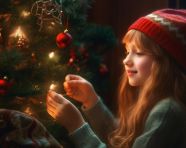 Girl in santa hat decorating christmas tree, christmas stock image ai, christmas stock photos ai