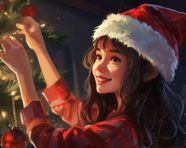 Cute girl in santa hat decorates christmas tree, christmas stock image ai, christmas stock photos ai