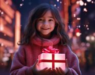 A young girl holds a present box outdoors in a christmas light show, christmas stock image ai, christmas stock photos ai