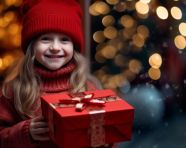 Little girl holds a present box while smiling, christmas stock image ai, christmas stock photos ai