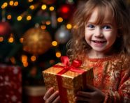 Little girl holds gift box, christmas stock image ai, christmas stock photos ai