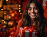 Happy girl smiling from the camera holding presents, christmas stock image ai, christmas stock photos ai