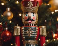 A close up of a toy soldier with its eyes twinkling in the light of a christmas tree, christmas stock image ai, christmas stock photos ai