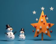 Christmas snowmen next to a christmas tree on a blue background, christmas stock image ai, christmas stock photos ai