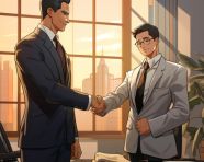 An investment banker shaking hands with a client after closing a