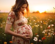 A pregnant woman standing in a field of flowers, pregnant women pictures, maternity photos