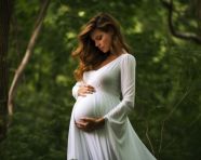 A pregnant woman wearing a flowing white dress, pregnant women pictures, maternity photos