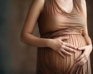 A pregnant woman is holding her belly and wearing a brown dress, pregnant women pictures, maternity photos