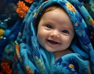 Newborn baby in blue towel wrapping, ai baby prompt, baby ai art