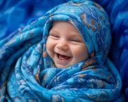 Newborn baby in soft blue towel, ai baby prompt, baby ai art