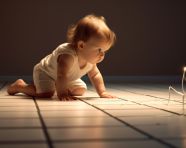A baby girl crawling on a tiled floor, ai baby prompt, baby ai art