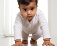 A baby crawling on a white floor, ai baby prompt, baby ai art