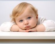 A baby laying on a white table near a white background, ai baby prompt, baby ai art