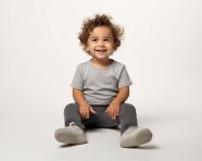 Baby is sitting down wearing a grey shirt and grey pants on white background, ai baby prompt, baby ai art