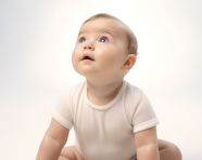 Cute toddler in white shirt sitting on white background, ai baby prompt, baby ai art