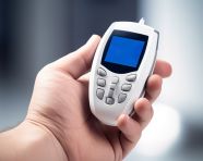 Diabetic hand holding a medical glucometer, diabetes concept