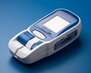 A blue and white glucometer with a digital display, diabetes concept