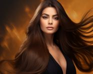 Young woman with long dark brown hair posing, beautiful girl with long hair